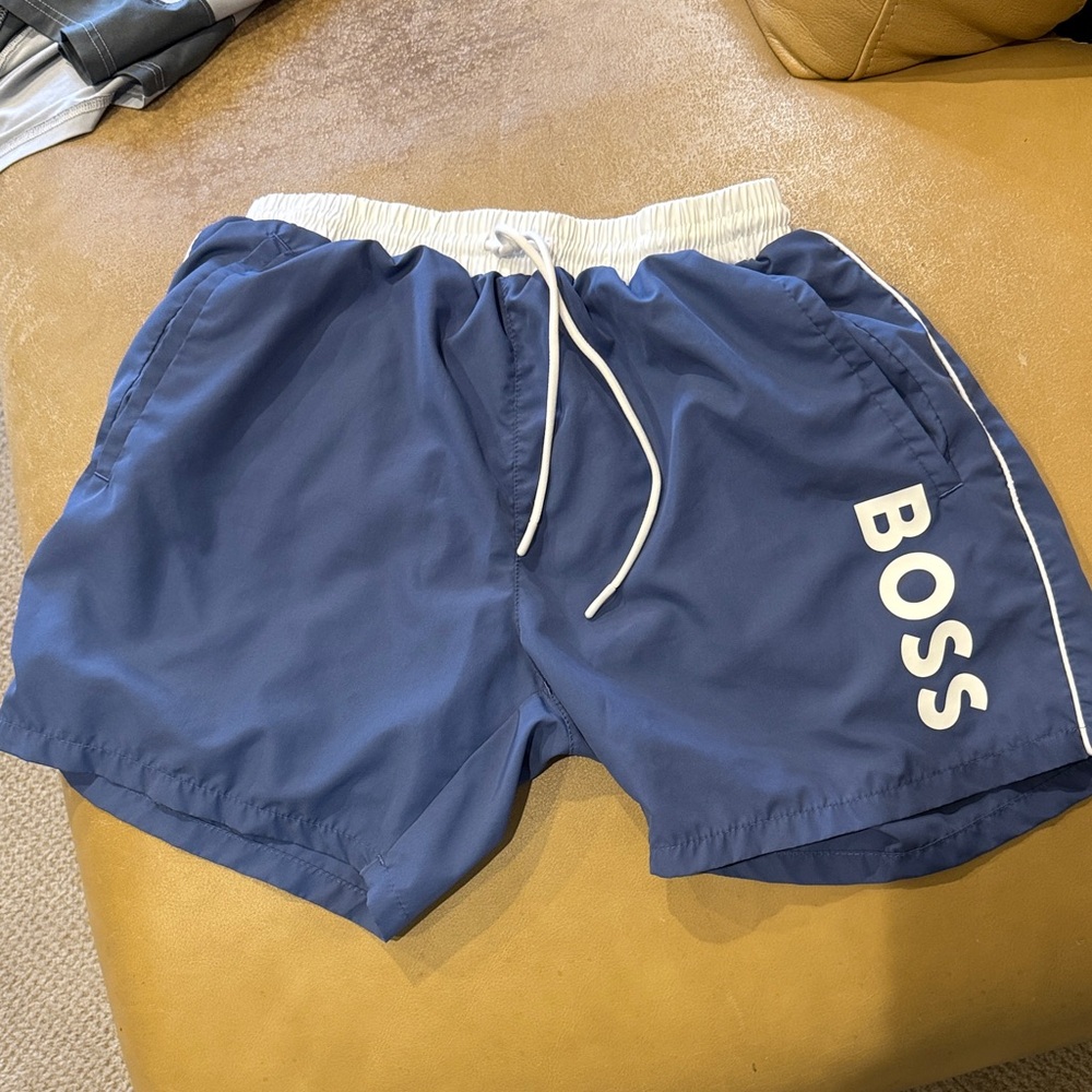 Boss Navy Swim Trunks with White Accents